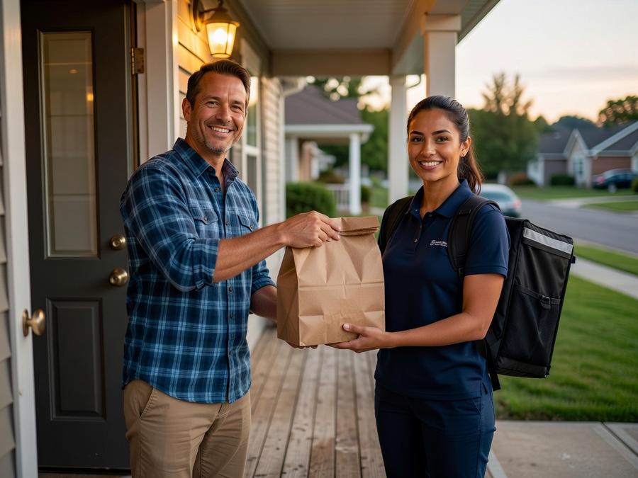 Happy customer receiving food delivery at front door from friendly professional driver