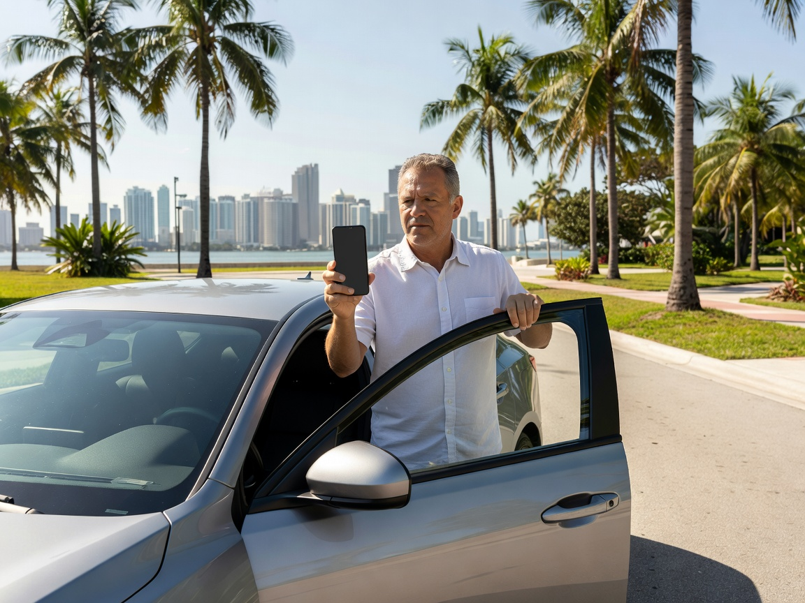 Rideshare driver checking a route at the curb in Miami
