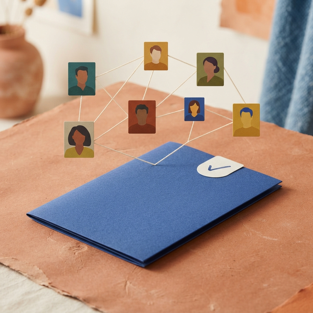 Cobalt folder with colorful client portrait tiles connected by follow-up lines