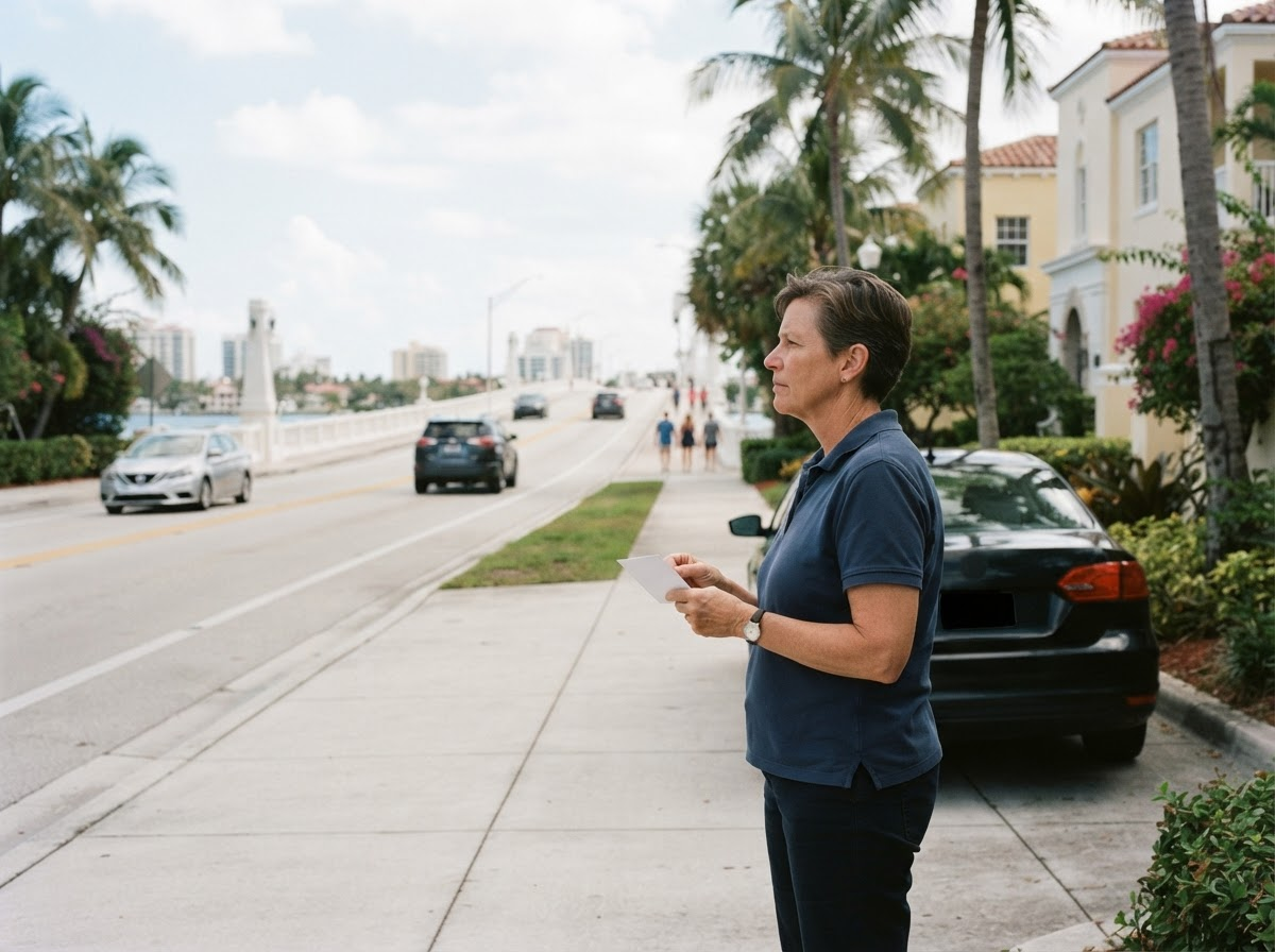 Rideshare driver checking a route at the curb in Palm Beach