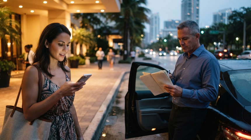 Passenger reviews a fare on a phone as a rideshare driver studies take-home notes beside the sedan.