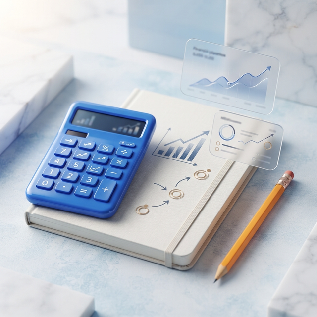 Blue desk calculator, notebook charts, and a pencil representing income planning
