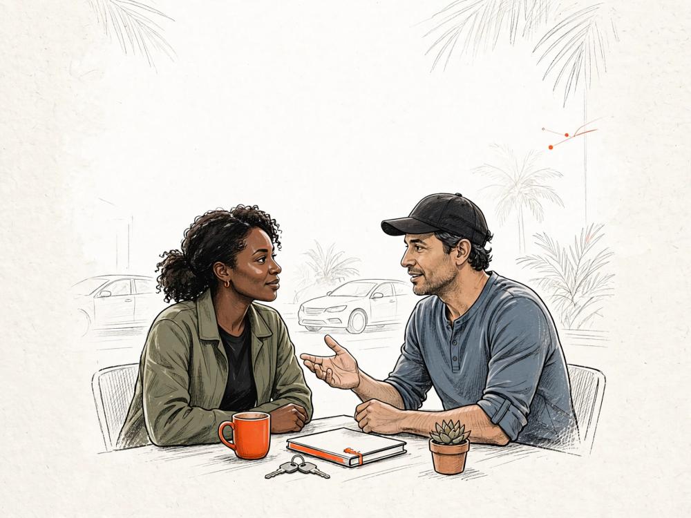 Two drivers share a friendly conversation beside a car, an illustration of the RSG driver network