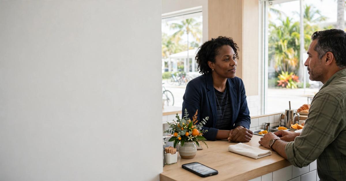 A community member and café owner talk across a sunlit neighborhood counter, with palms visible outside.