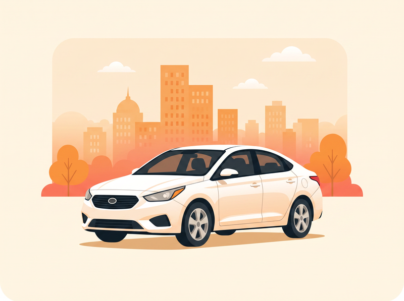 Illustration of a white sedan in front of an orange city skyline with trees