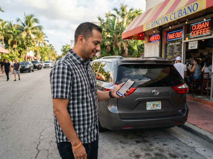 Driver checking a direct booking on phone near restaurant pickup in West Palm Beach