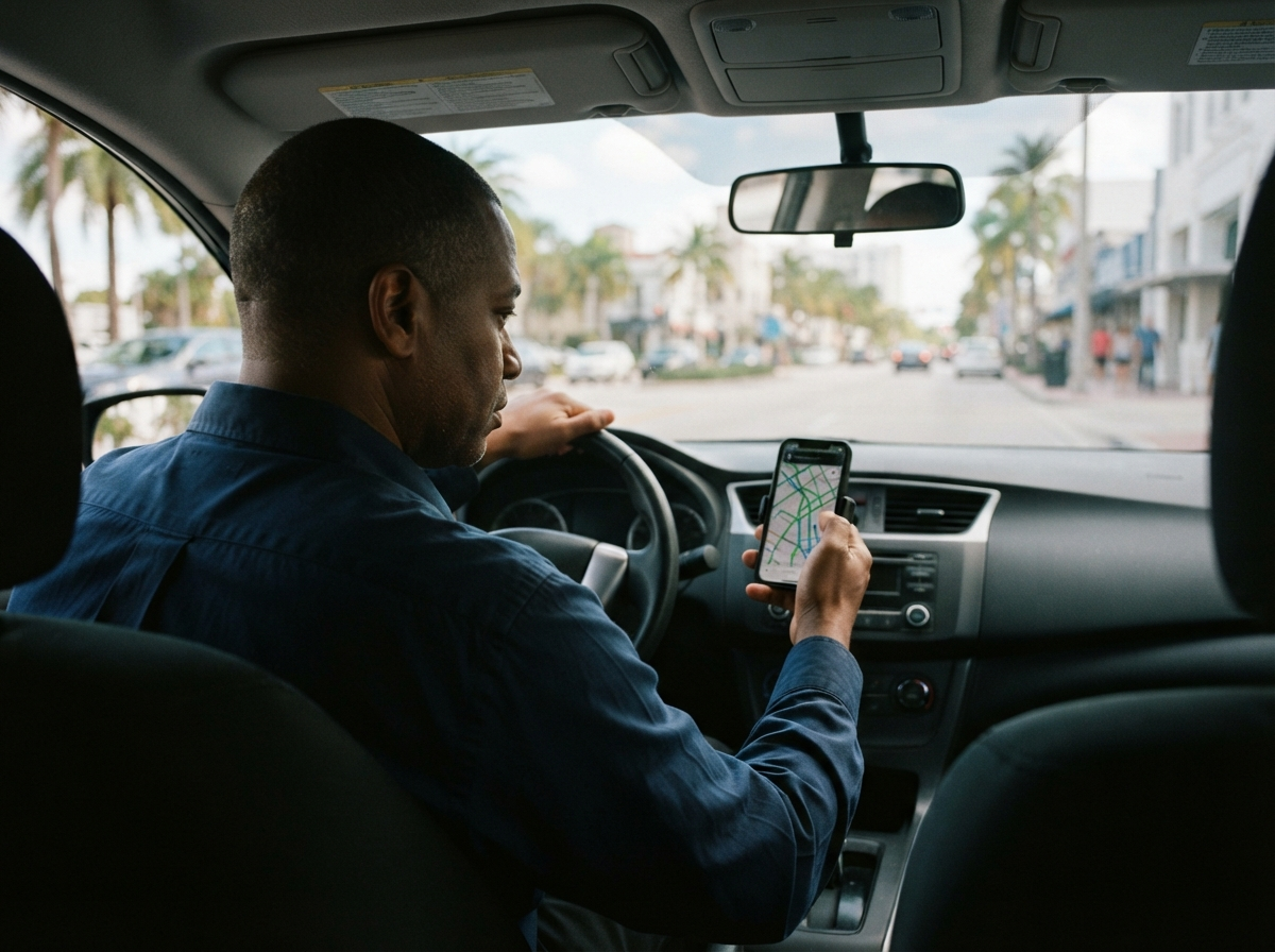 Rideshare driver checking a route at the curb in West Palm Beach