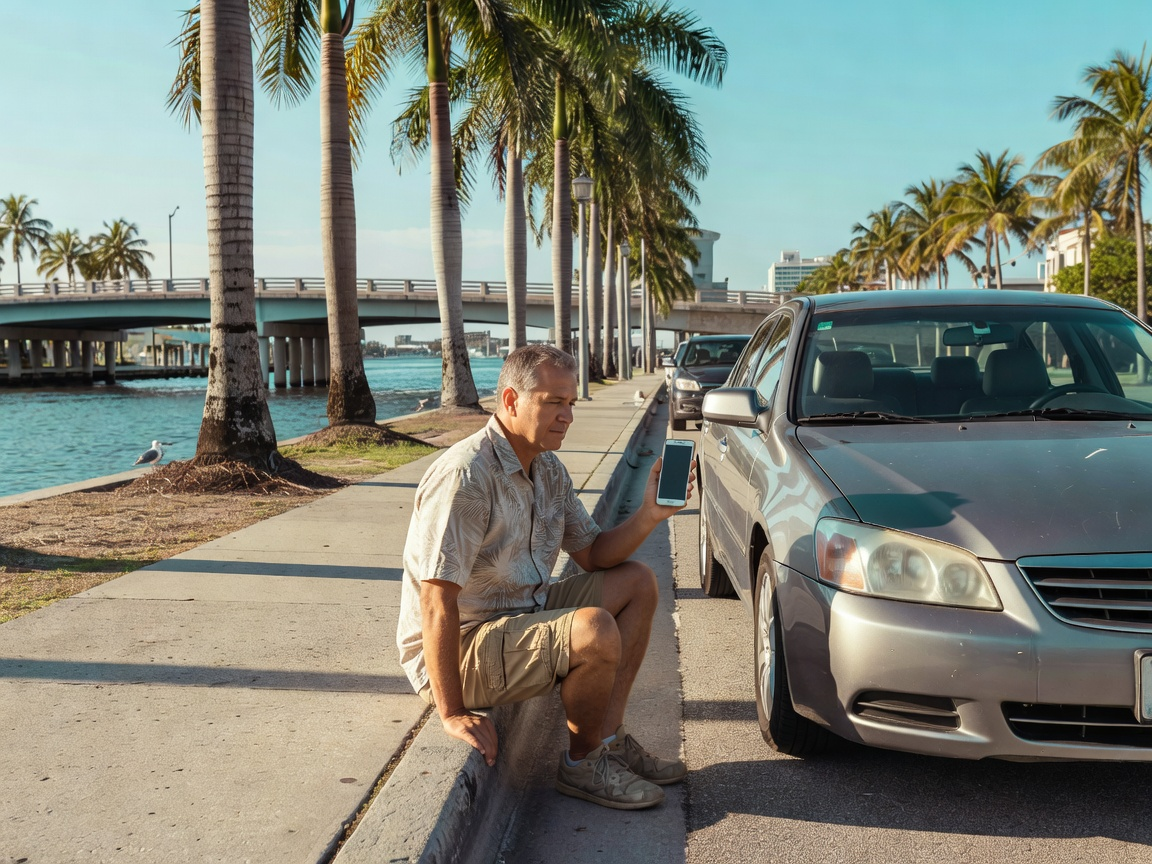 Rideshare driver checking a route at the curb in Fort Lauderdale