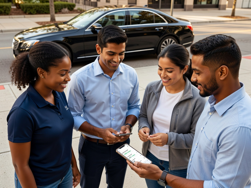 Two drivers reviewing referral growth on a phone together