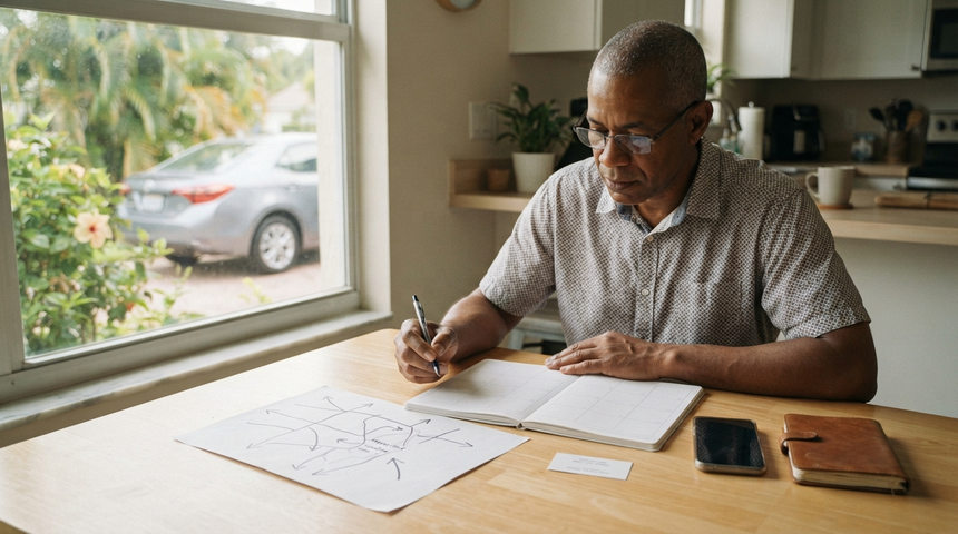 Rideshare driver reviews a weekly shift plan, route map, and blank business card at a kitchen table.
