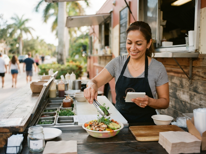 Restaurant owner preparing a takeaway dish at a sunny South Florida service counter