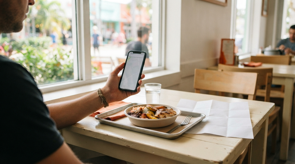 Smartphone, meal, and blank route map arranged for a rideshare driver’s 60-second food review