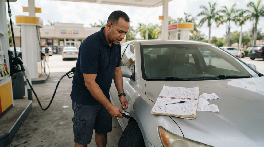 South Florida driver checks a tire and maintenance notes beside a sedan at a gas station.