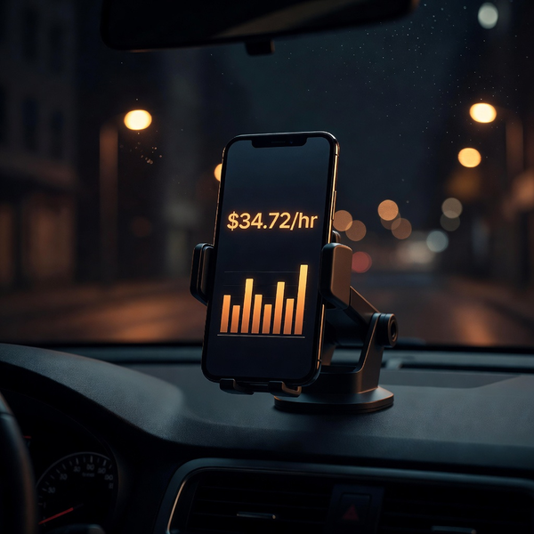 Calculator showing $34.72 per hour on phone in car mount