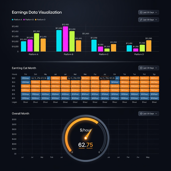 Dashboard showing earnings charts, heatmap and hourly gauge