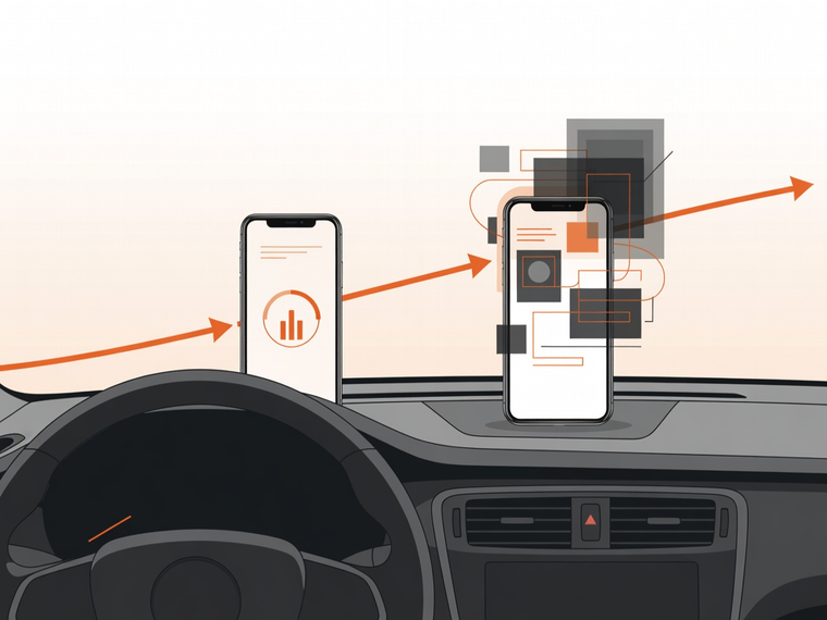 Two phones connected by arrows to show a multi-app driver workflow.