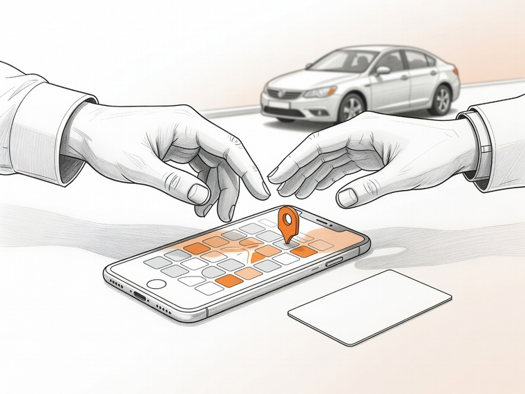 Hands near a phone with a car in the background, illustrating a reserved ride time.