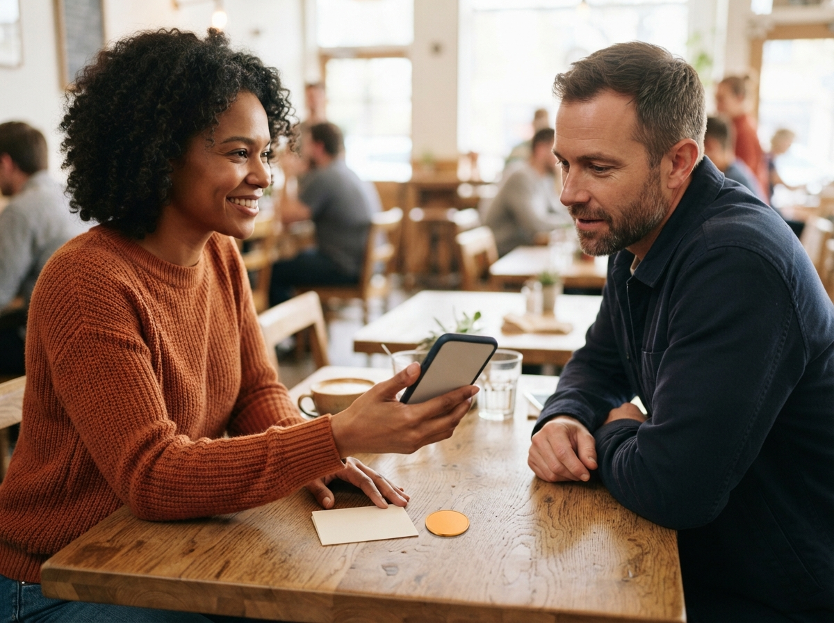 Two rideshare members reviewing a submitted food clip together beside an unmarked proof token