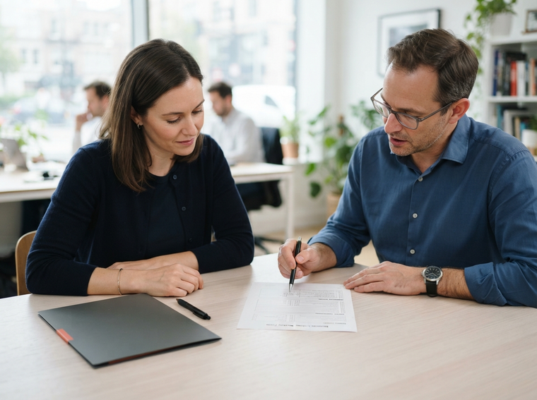 Business owner and reviewer discussing a listing submission before approval
