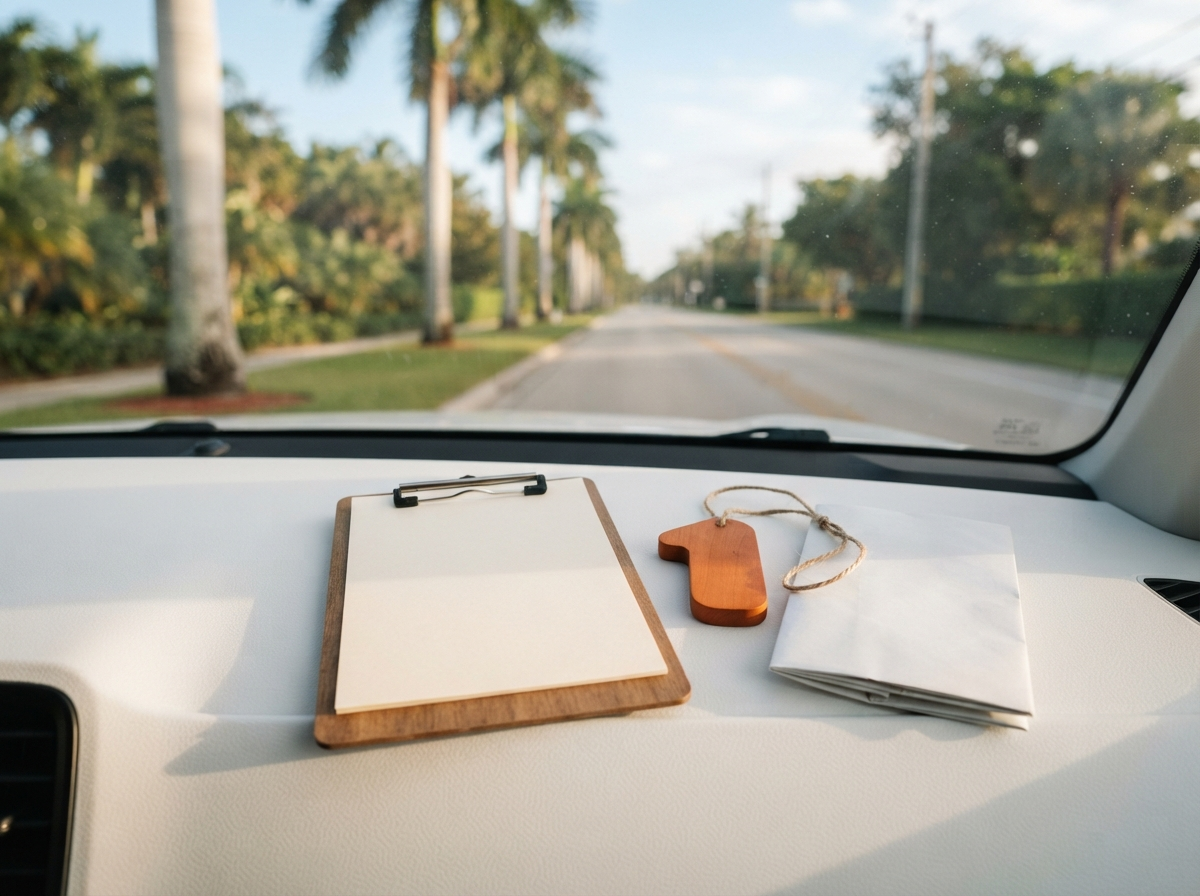Calm route scene beside the honest no-target status for West Palm Beach