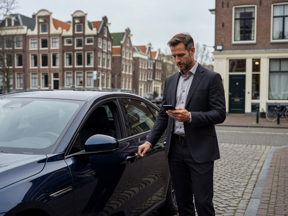 Zelfstandige Nederlandse taxiondernemer bij zijn moderne taxi