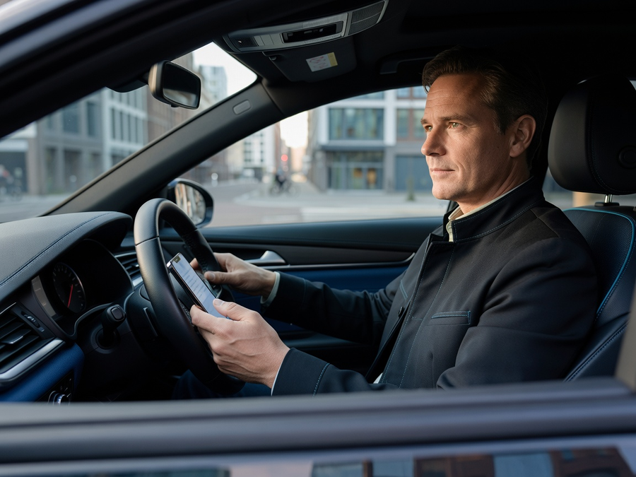 Taxichauffeur bekijkt een nieuwe klantaanvraag in zijn auto