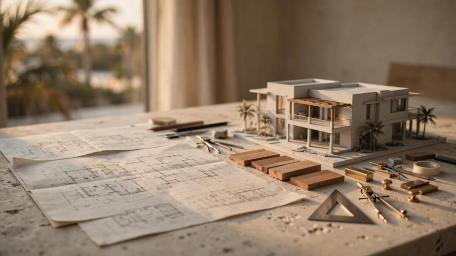 Architectural plans, scale model, and warm material samples on a design table