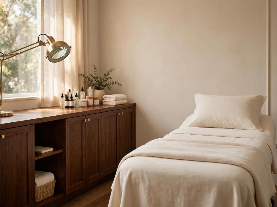 A boutique treatment room with cream linens, warm wood cabinetry, and soft daylight.
