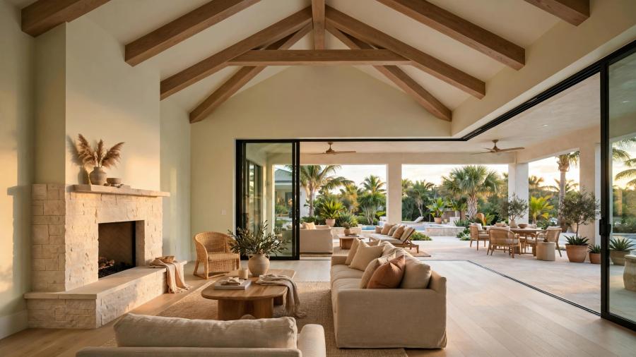 Refined open living room renovation with white oak floors and a lanai beyond
