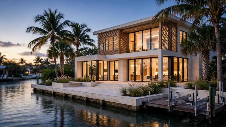 Contemporary waterfront home on a calm Naples canal with a private dock