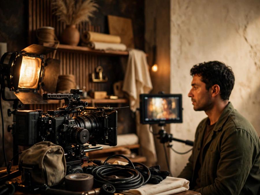 A creative director reviews a film set beside a cinema camera.