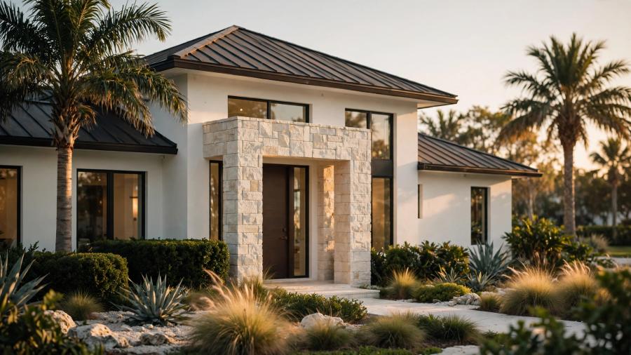 Contemporary Southwest Florida custom home with limestone entry and palms at golden hour