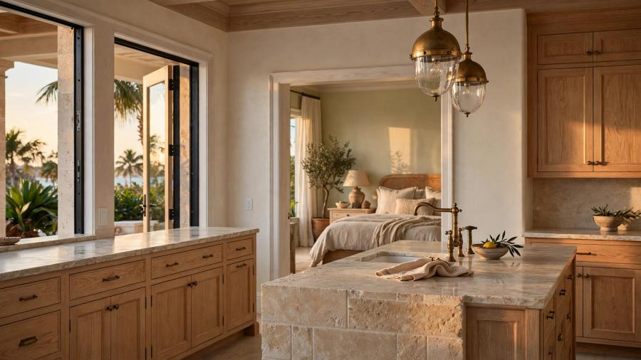 Warm white oak kitchen with limestone island and aged brass fixtures