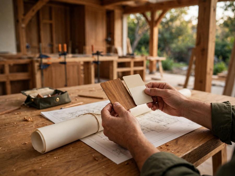 A home builder compares wood finishes and plans inside a custom renovation.