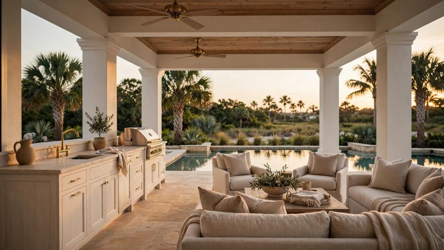 Covered Naples lanai with limestone floor, summer kitchen, and reflecting pool