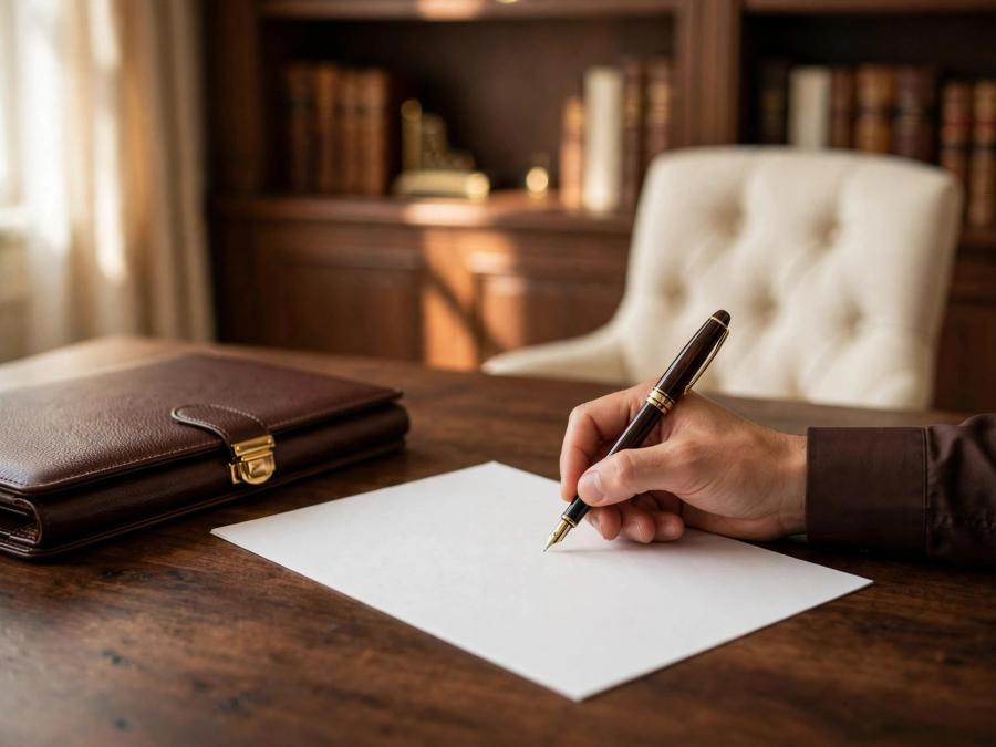 An advisor reviews a document at a walnut table in a private consultation room.