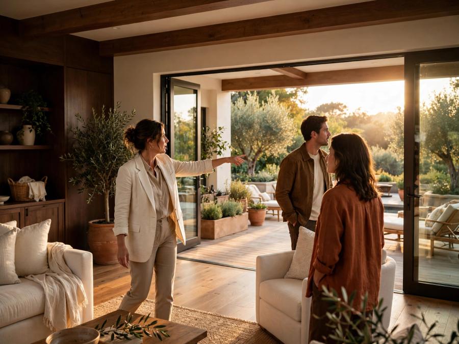 A real-estate advisor shows buyers the terrace of a sunlit contemporary home.