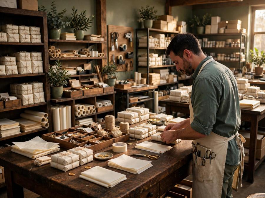 A founder works through orders in a carefully organized small-batch workshop.
