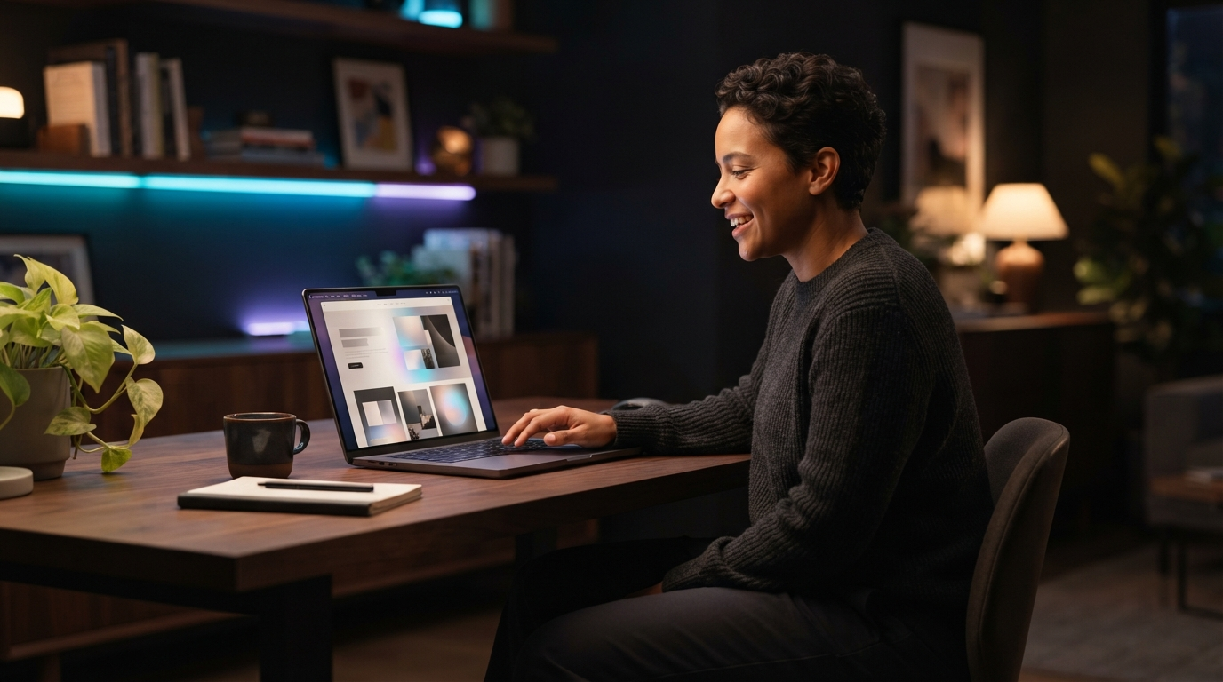Small-business owner chatting with Buildy on a laptop as a polished website takes shape on screen