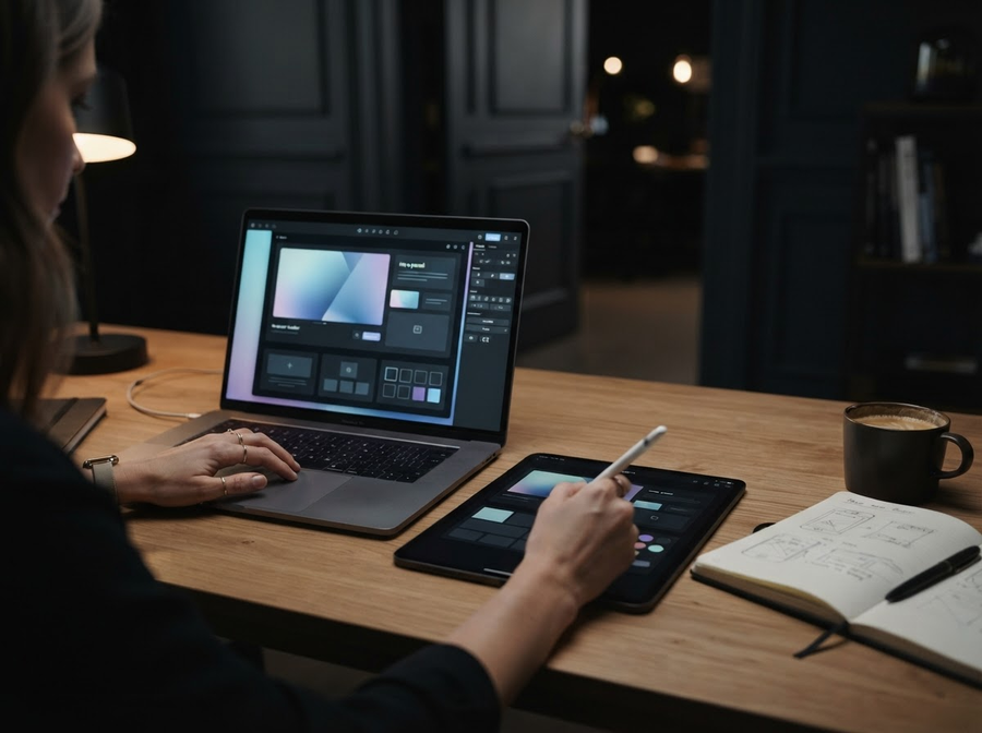 Laptop and tablet showing a polished website layout beside a founder's hands at work