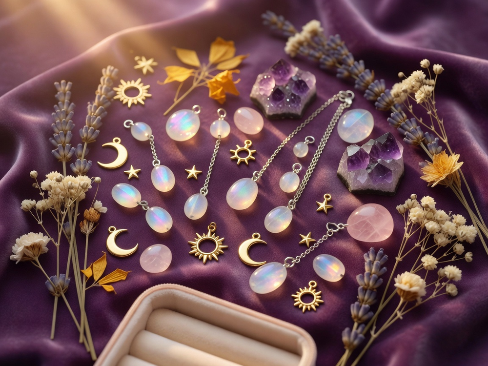 Crystals, gold charms, and dried flowers from a SparkleStone unboxing