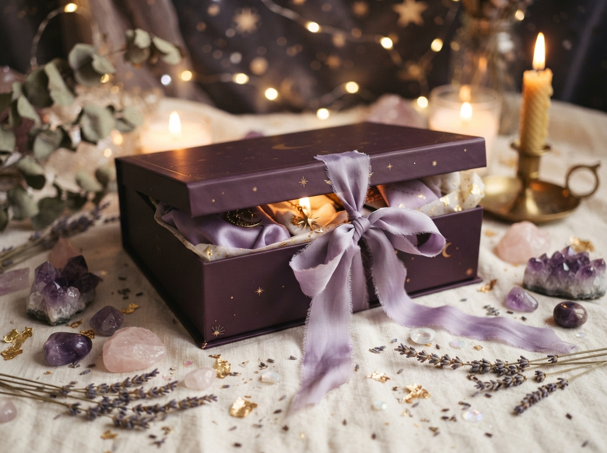 An open SparkleStone mystery box with crystals, silk ribbon, and golden light