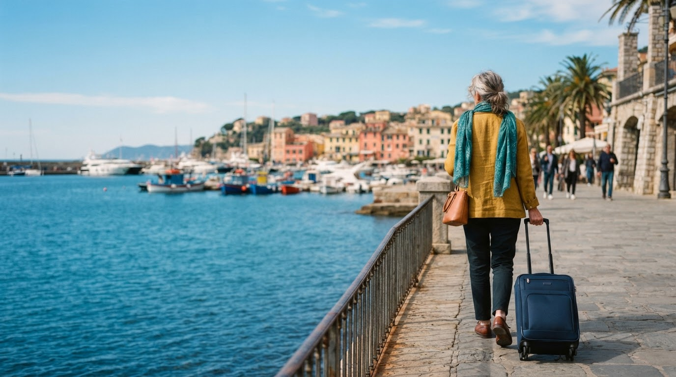 Traveler with a carry-on looking over a colorful coastal harbor promenade.