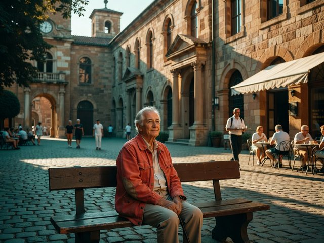Older traveler seated on a bench in a sunlit historic city courtyard beside a cafe and museum-like architecture.