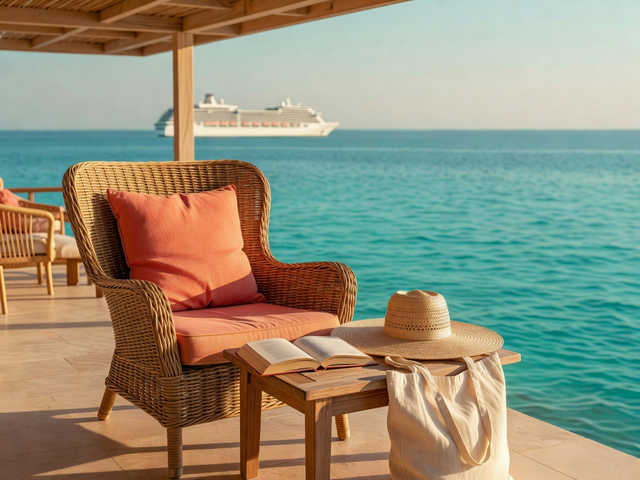 Wicker chair, open book, and sun hat on a shaded terrace above turquoise water with a cruise ship in the distance.