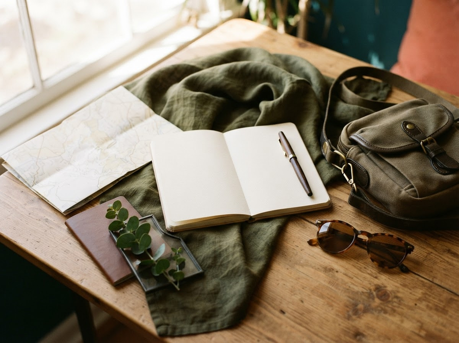 Open travel notebook, folded map, sunglasses, scarf, and travel bag arranged on a sunlit wooden table.