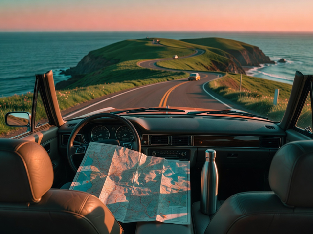 A scenic coastal road seen from inside a car, with a folded map and reusable bottle in the foreground.