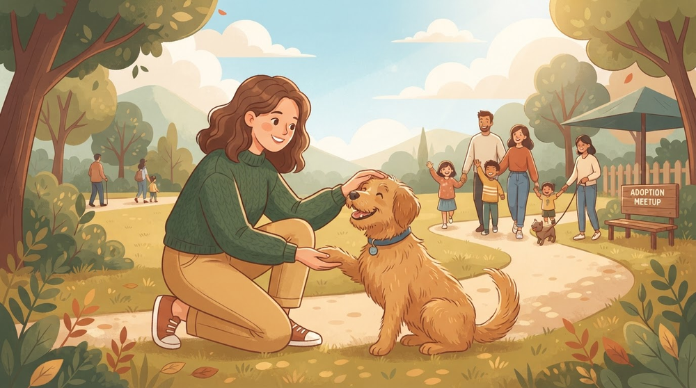 A person greeting a dog at a safe adoption meetup