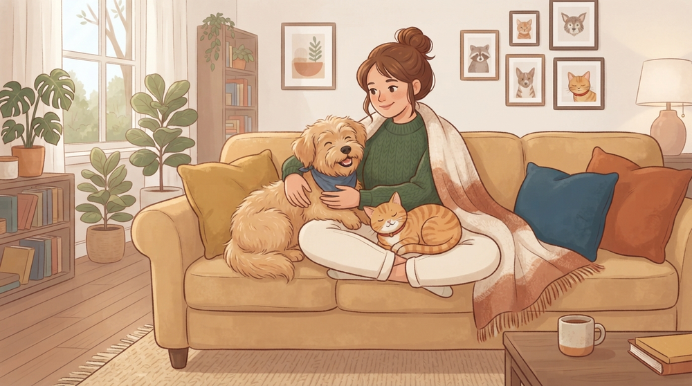A warm foster home scene with a woman cuddling a fluffy dog and a sleepy orange cat on a cozy couch
