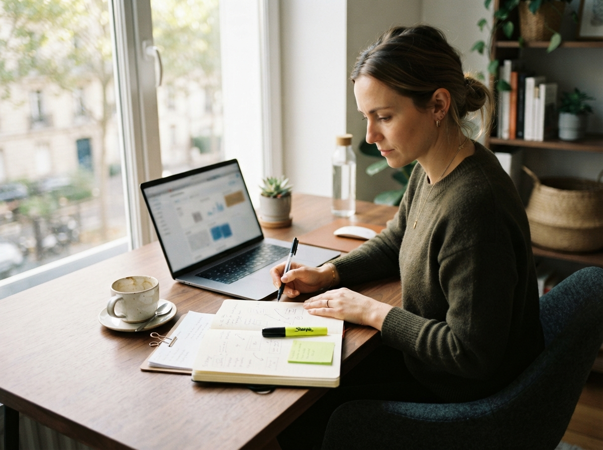 A focused marketer planning content and offers at a warm desk